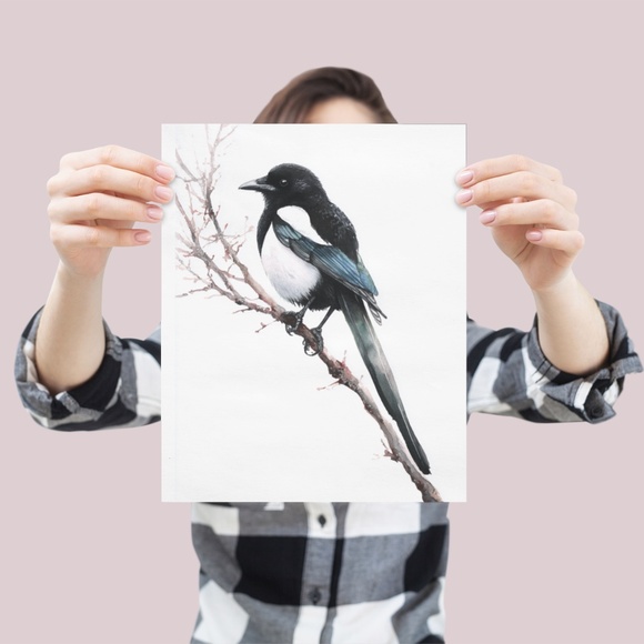 Watercolor Magpie Bird Wall Art Print, Unframed - Elegant Nature-Inspired Decor - Picture 4 of 6